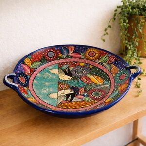 Vintage Tonala Pajaros Folk Art Pottery Terracotta Hand Painted Bowl 13 Inches